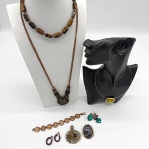 Vintage Boho Jewelry Lot Tiger's Eye Chico's AK Pendant Necklace Brooch Earrings